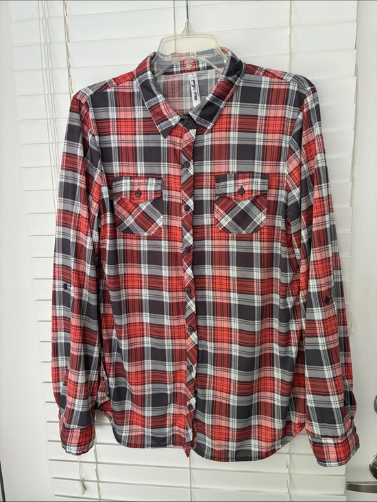 White Mark Tops - White Mark Shirt Top Plaid Long Sleeve Roll Tab SZ L Gray Orange